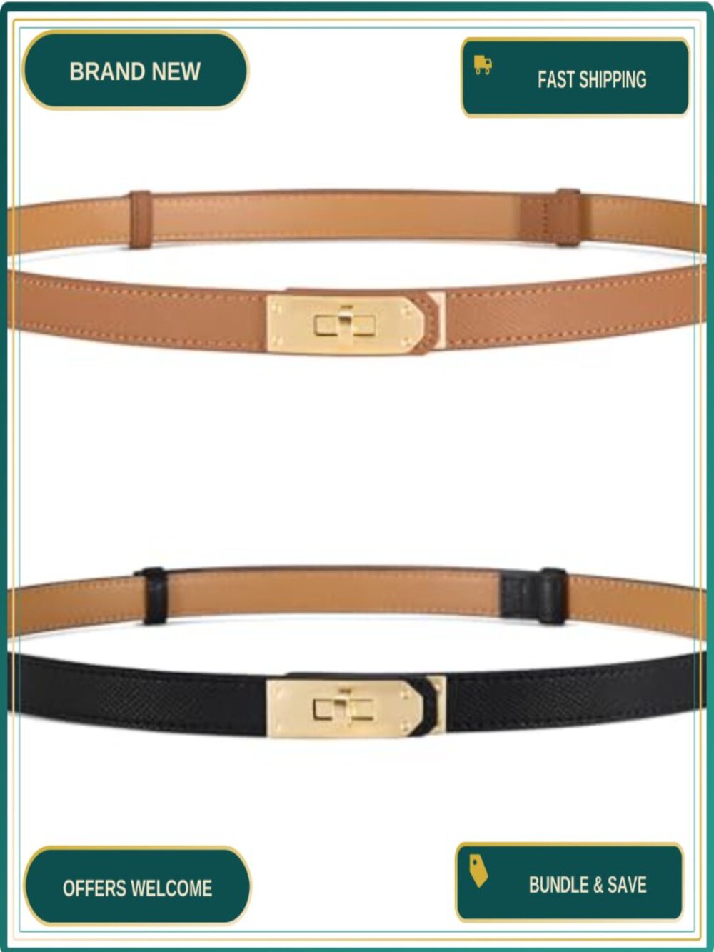 Adjustable Skinny Belt for Women Gold Buckle Turn Lock Leather Dress Belt